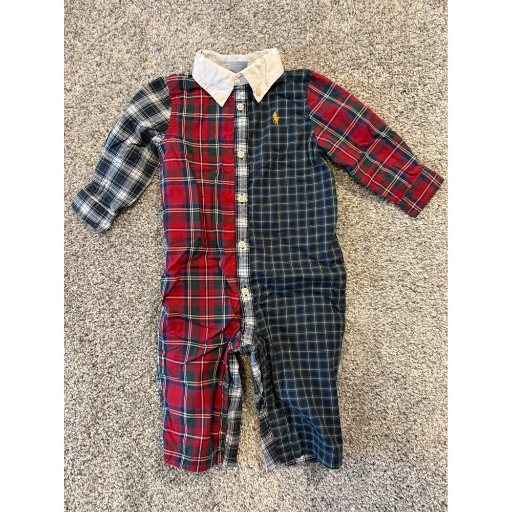 Ralph Lauren Romper Boys 9M Multi Plaid Patchwork Long Sleeve Button Down Pony